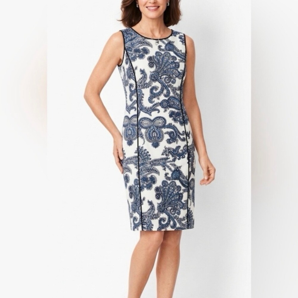 Talbots White Blue Paisley Cotton Sleeveless Shift Dress Size 14 Office Wedding